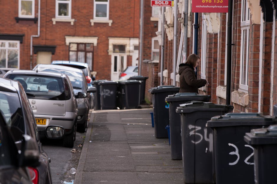 A row of black wheelie bins with closed lids, positioned along a residential pavement, are visible in the foreground on the right side of the image, with white graffiti markings on some of them. A wom